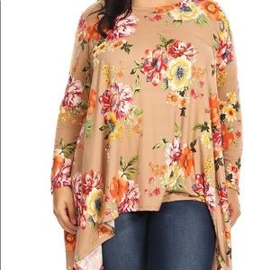 Plus Floral Top with Asymmetrical Hem Line